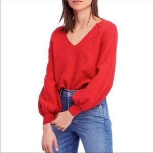 Free People Found My Friend Balloon Sleeve V Neck Red Boho Sweater Women’s Small